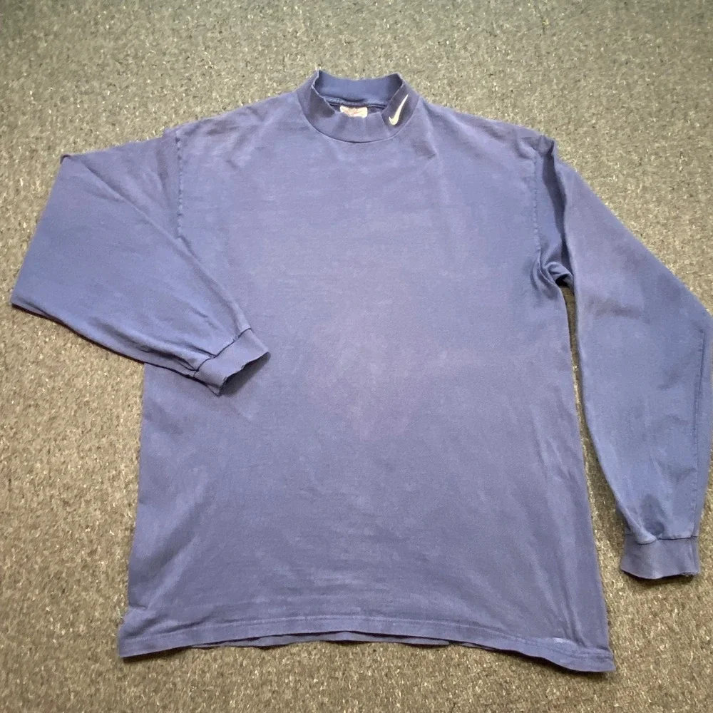 Nike Mock Neck TShirt Sz XL Mens Blue Vintage 90s Made in USA Swoosh Distressed